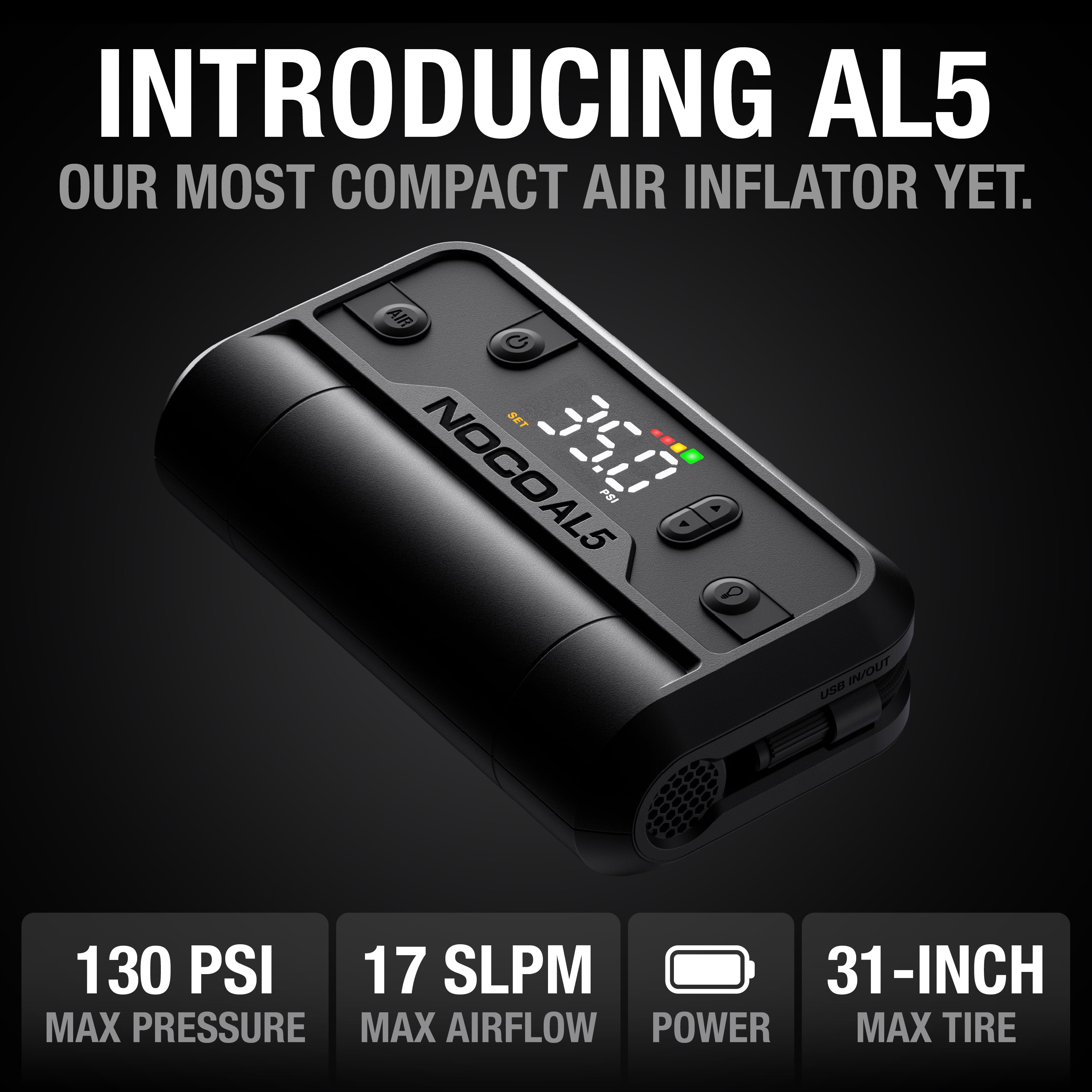 NOCO Air AL5: UltraFast Cordless Tire Inflator – Battery-Powered Air Compressor and Portable Air Pump – 17 SLPM Airflow Inflates 0–40 PSI in 7 Minutes
