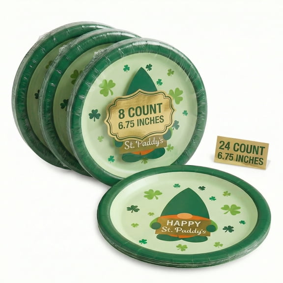 6.75" Round St. Patrick's Day Shamrocks Gnome Paper Decorative Plates, Set of 24