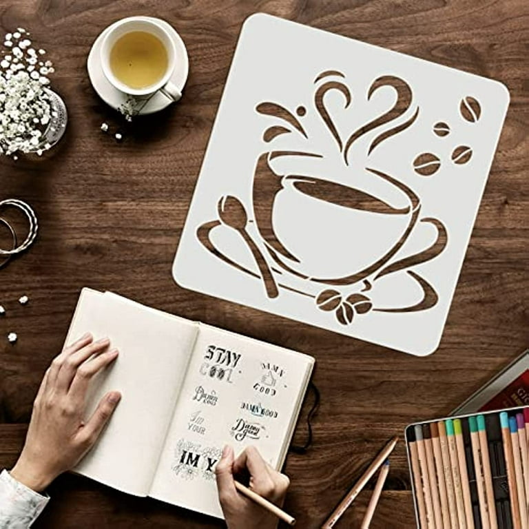 Coffee Cup with Steam Stencil 11.8x11.8inch Reusable Cup of Coffee Stencil  for Coffee Bar Decoration Coffee Cup Stencil for Painting on Furniture Wall  Fabric Paper 