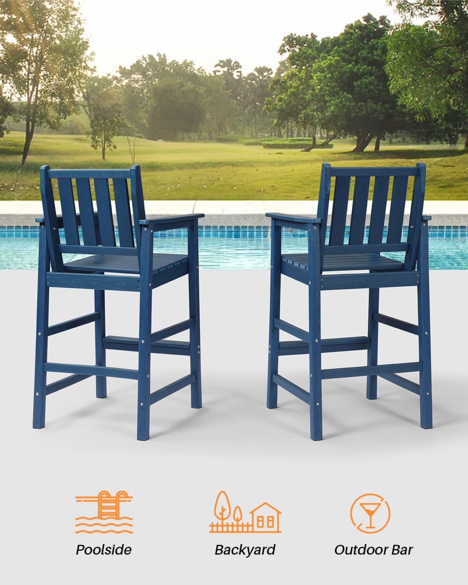 Adirondack Bar Chair Set of 2, HDPE Outdoor Bar Stools with Footrest, All Weather Adirondack Bar Height Chairs for Patio, Balcony, Porch, Deck, Poolside, Navy