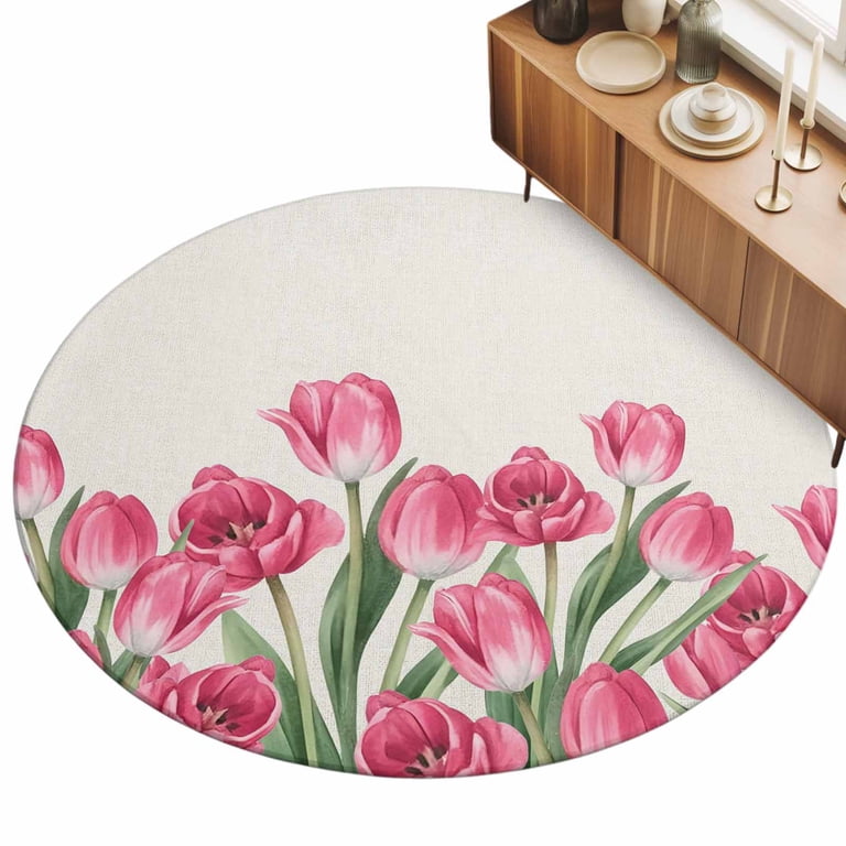 USA RUG / チューリップ柄 Rustic Spring Tulips Linen Texture Round Rug 3ft Farmhouse Pink