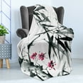 thumbnail image 4 of Japanese Soft Flannel Fleece Throw Blanket, Natural Bamboo Stems Cherry Blossom Japanese Inspired Folk Print, Cozy Plush for Indoor and Outdoor Use, 50" x 60", Dark Green Fuchsia, by Ambesonne, 4 of 5