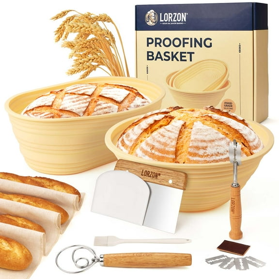 Lorzon Silicone Banneton Bread Proofing Baskets Set of 2, 9" Round & 10" Oval Foldable Sourdough Proofing Baskets with Sourdough Bread Baking Supplies, Complete Bread Making Kit