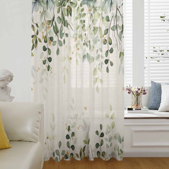 Sage Green Sheer Curtains 72 Inches Long for Living Room/Bedroom, Eucalyptus Leaves Rod Pocket Voile Kitchen Curtains & Drapes Window Treatment 1 Panel, 52"W x 72"L