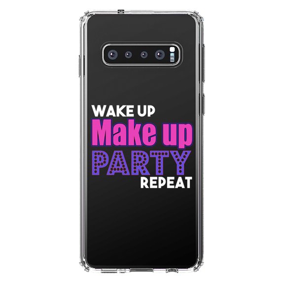 DistinctInk Clear Shockproof Hybrid Case for Samsung Galaxy S10  PLUS (6.4" Screen) - TPU Bumper Acrylic Back Tempered Glass Screen Protector - Wake Up Make Up Party Repeat