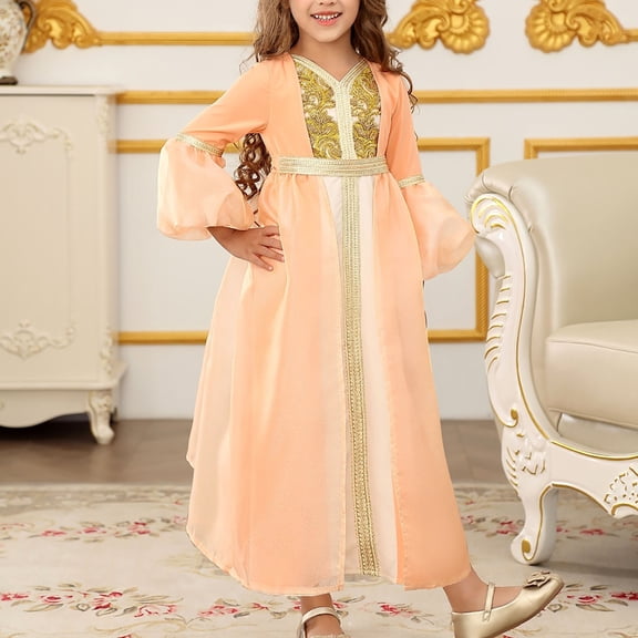 breaise Muslim Dress for Girls Long Sleeve Prayer Dress Ethnic Style Long Robe Dress