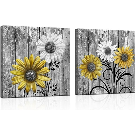 JANS.NO1 2 Pieces Rustic Daisy Flowers Bathroom Picture Wall Decor Yellow and Grey Artwork for Bedroom Living Room Farmhouse Decor Ready to Hang