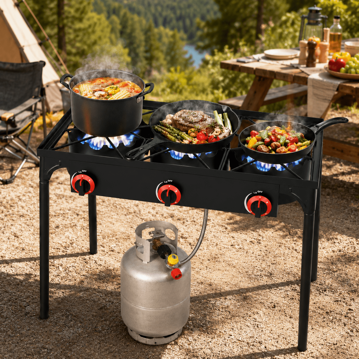 Vivicreate 3Burner Propane Stove, 105000 BTU Outdoor Camping Stove with Cast Iron Burners and Stable Legs for Outdoor Cooking