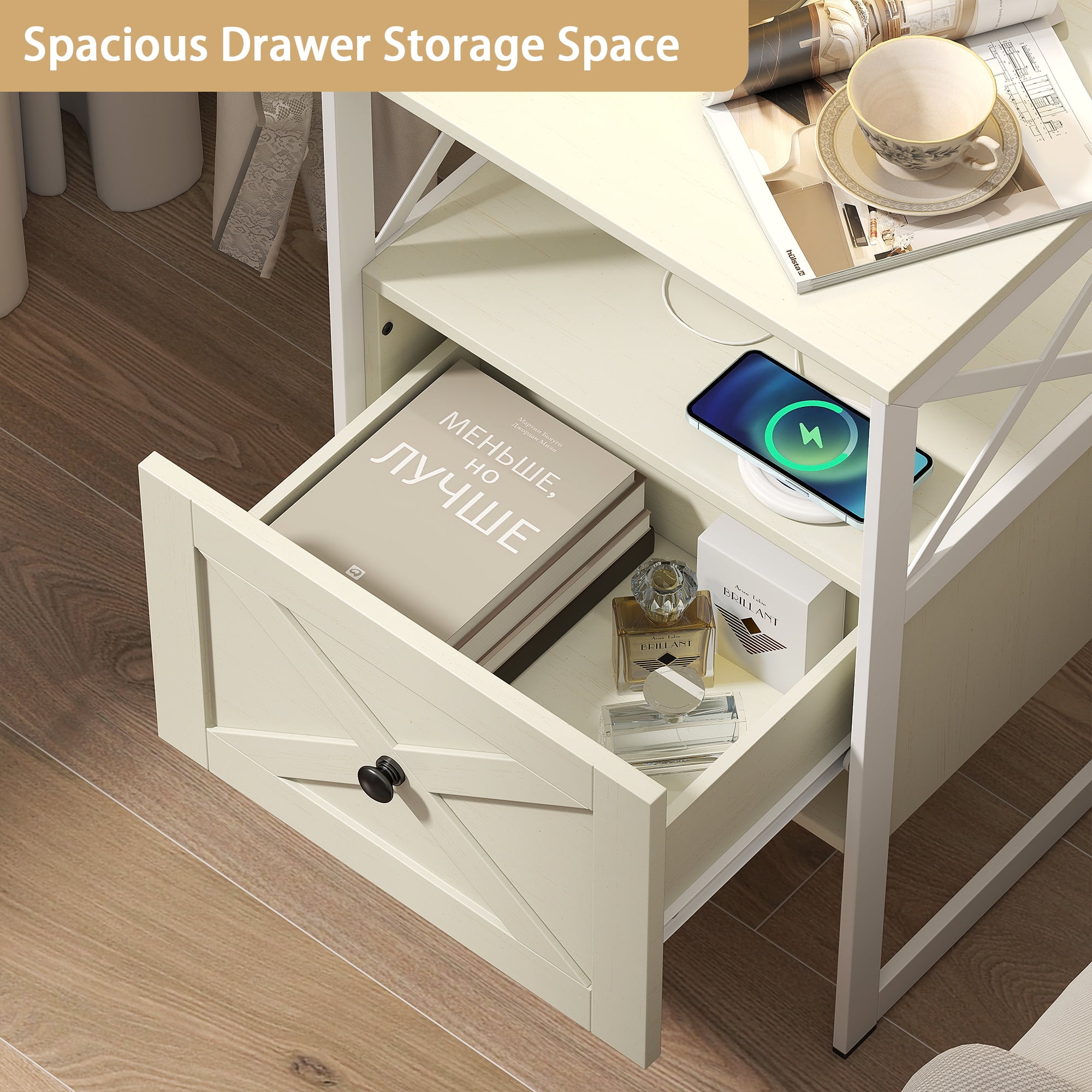 Manxile Nightstand with Drawers & Shelf Bedside End Table for Bedroom,White