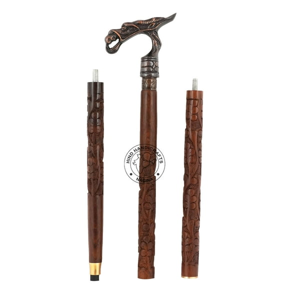 Hind Handicrafts Decorative Victorian Canes and Walking Sticks for Men & Women - 36" Brown Ebony Aluminium Handle Unisex Derby Foldable Cane (36 inch Engraved, Antique Dragon 2)