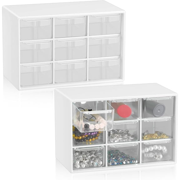 Mini Storage Drawers with 9 Clear Drawers, Teacher Toolbox Organizer for Classroom, Dust-Proof Plastic Desktop Storage Drawers for DIY Art Classroom Office Supplies, White