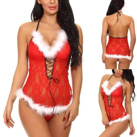 

KOOYI Christmas Lingerie Floral Sheer Lace Lingerie Festival Cosplay For Women Backless Top With Thong Valentine s Nightgown Pajamas Red / M
