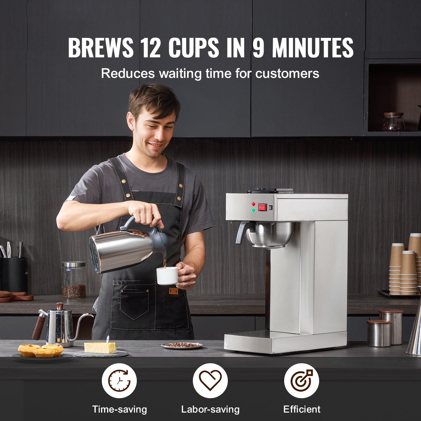 KFFKFF 12-Cup Industrial Coffee Brewer, Coffee Making Device with Insulated Jug for Temperature Retention, Stainless Steel Manual Coffee Maker for Eateries, Workplaces, Coffee Shops