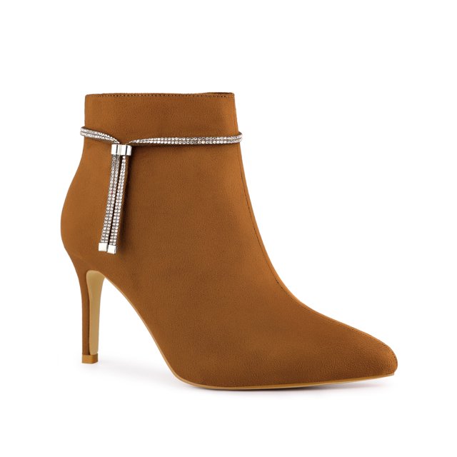 Unique Bargains Women's Bling Rhinestone Pointed Toe Stiletto Heels Ankle Boots Brown (Size 9)