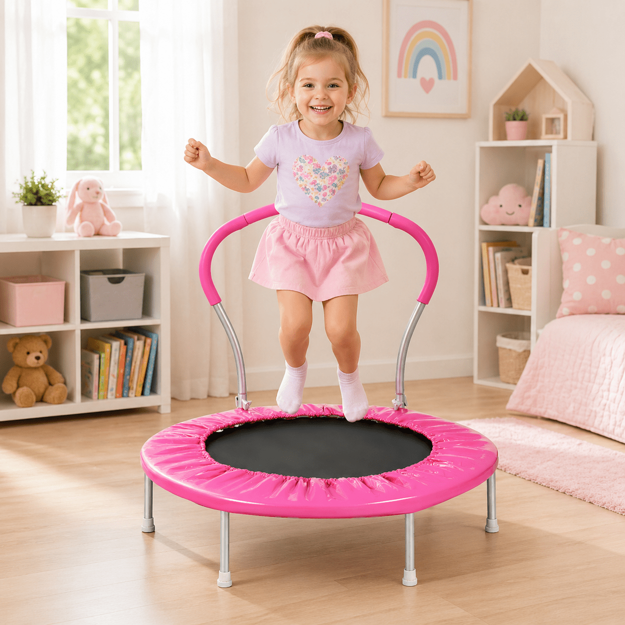SHINPT 36 Inch Kids Trampoline with Handle Bar Indoor Toddler Mini Trampoline for Boys Girls Small Exercise Jumper for Playroom Basement Backyard Birthday Gift