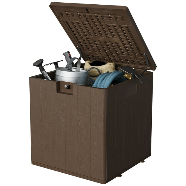 Coffre de Terrasse de Rangement Extérieur de 28 Gallons - Bac de Rangement de Patio en Résine Imperméable - Couvercle Verrouillable avec Poignées - Design Imitation Rotin pour Coussins Outils de Jardin Accessoires de Piscine - Brun Durable