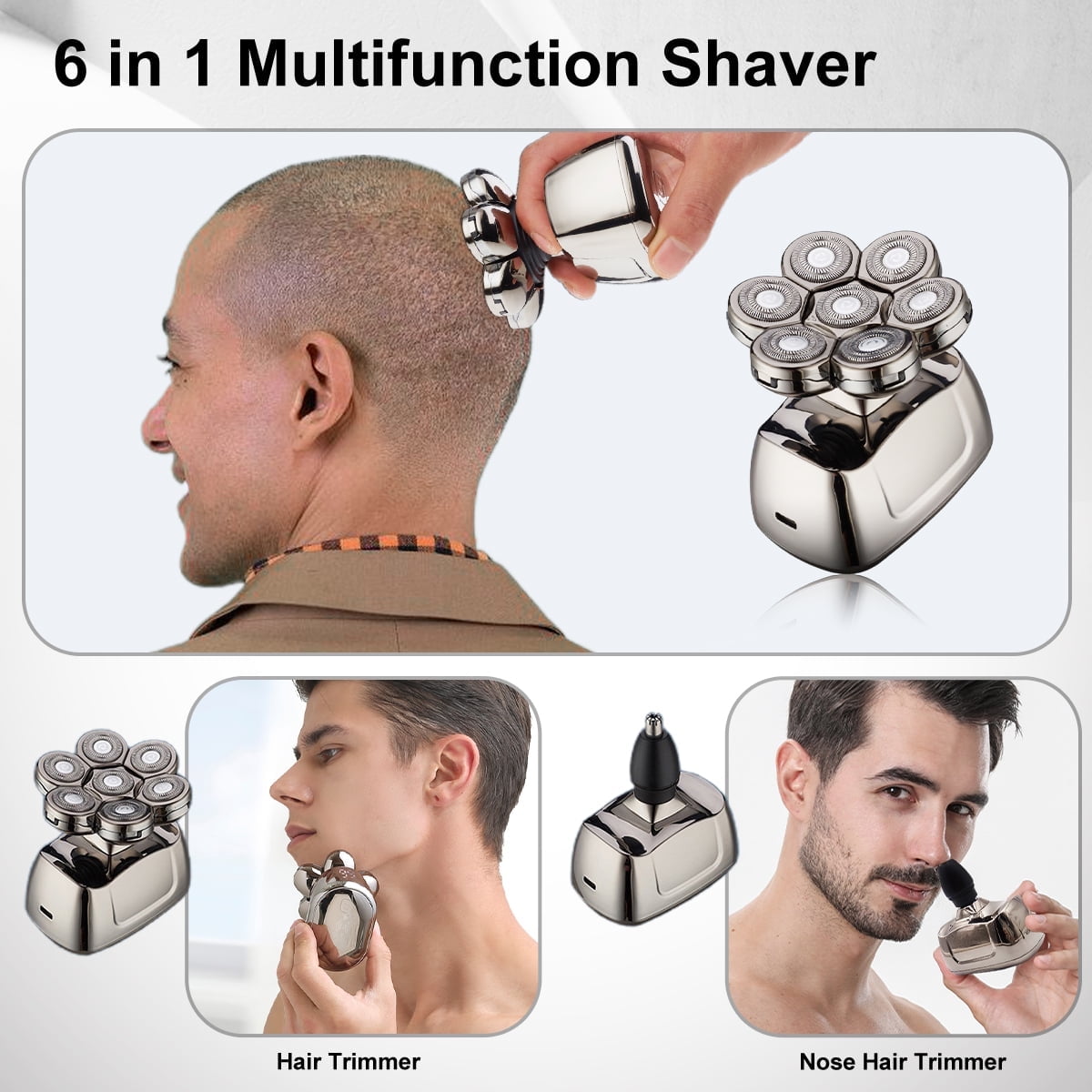 TiokMc 6-in-1 Waterproof Electric Head Shaver for Men, 7D Rotary Blades, LED Display, USB Rechargeable Grooming Kit with Trimmer, Nose Hair Cutter, and Accessories