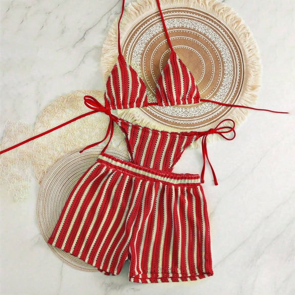 Knit Bohemian Striped Bikini Set for Summer Beachwear Unique Two Piece Swimsuit Cover Up with High Waist Bottoms, XL, Red