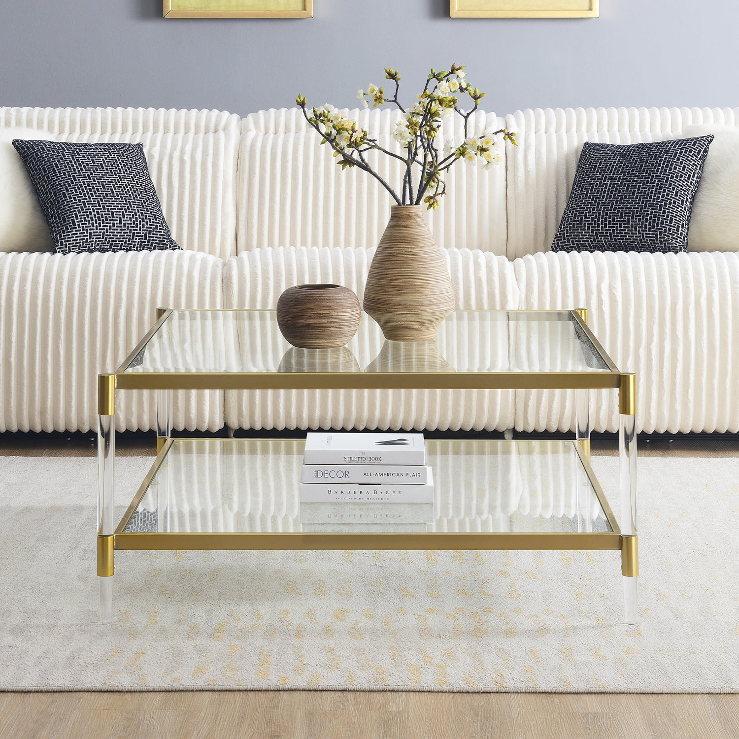 Royal Crest Two-Tier Acrylic Clear Glass Square Coffee Table in Gold Chrome