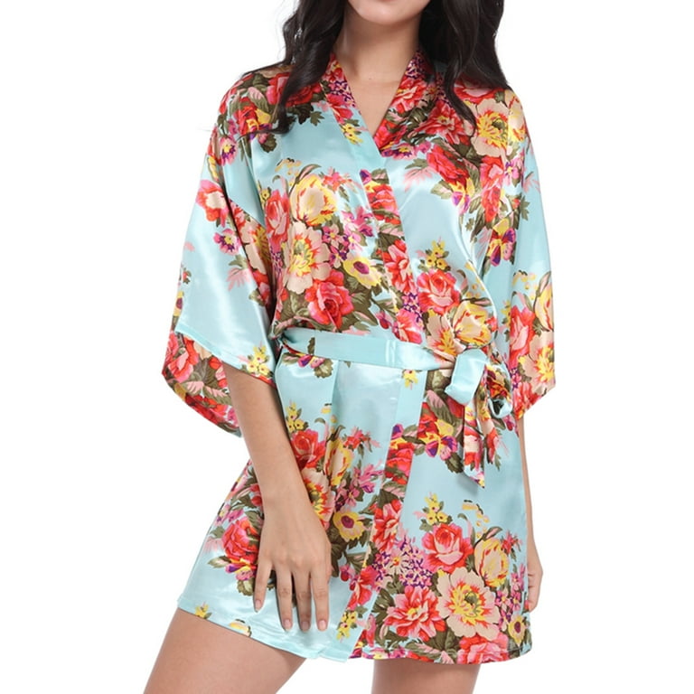 Homgro Women's Kimono Robe Floral Printed Satin Lightweight Bath Robes Half  Sleeve Dressing Gown Belted Bathrobe Bridesmaid Bridal Tie Up Silk Mini Spa  Robe Light Blue Large - Walmart.com