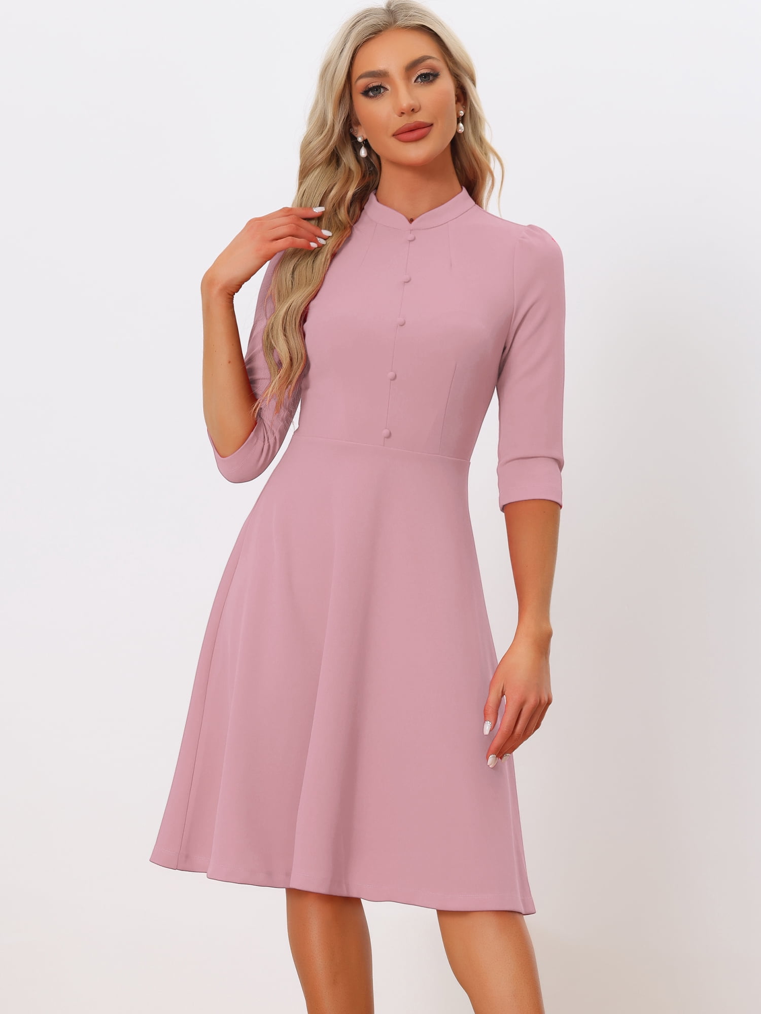 DARING DIVA Women's Sheath 3/4 Sleeves Stand Collar A-Line Dress S Pink
