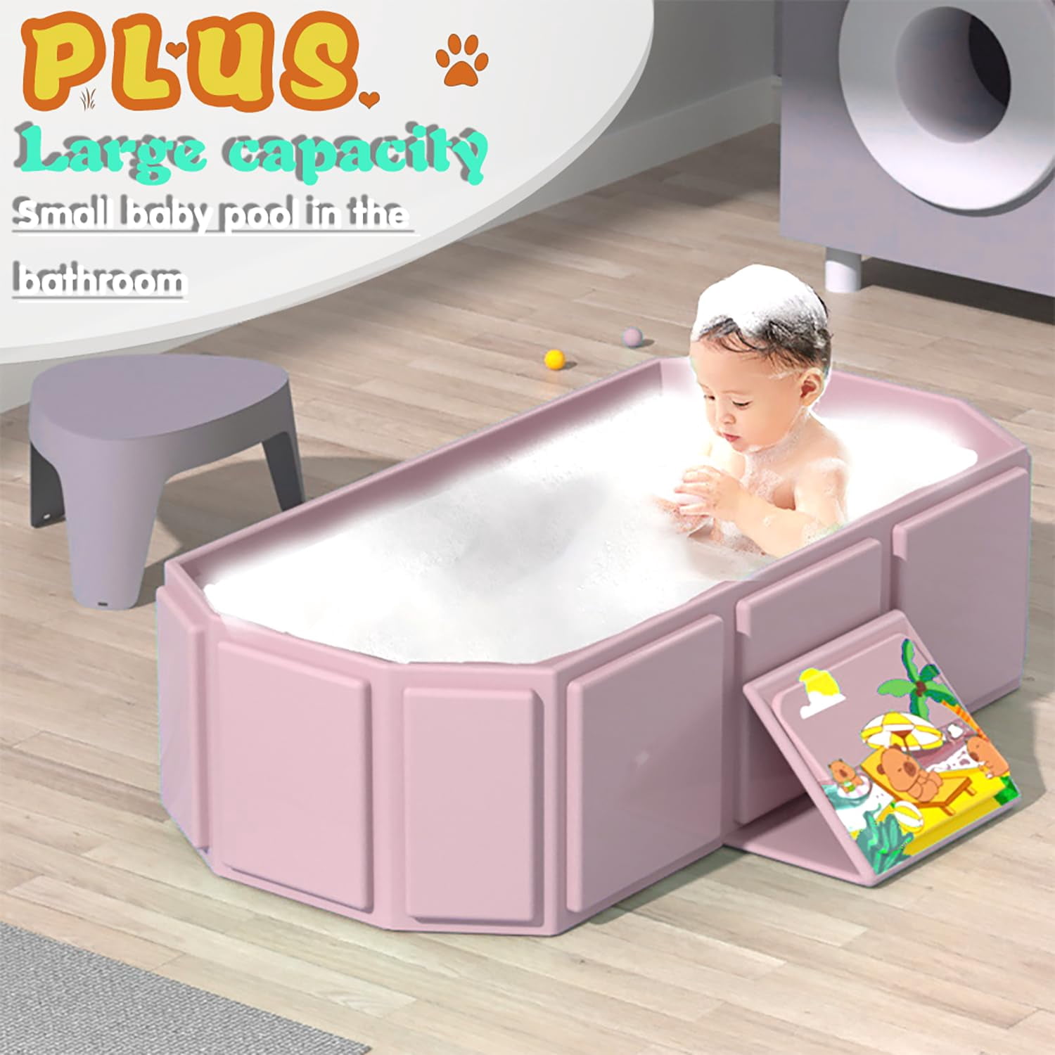 Baby Foldable Children's Bathtub, Portable Non-Slip Shower Tray for Kids, Toddler Bath Tub with Drain Plug, Boys and Girls Bathroom Water Pool, Cat and Dog Pet Wash Shower Basin (Pink)
