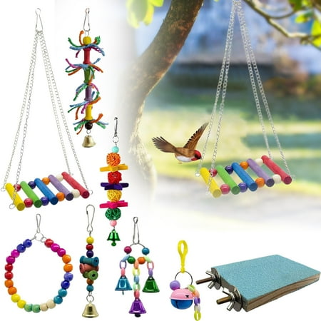 Goowood Bird Toys 8PCS Parrot Swing Chewing Toy Bird Cage Accessories Wooden Hanging Bell for Parakeet Budgie Conure Cockatiel Love Birds