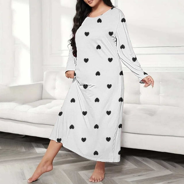Kelon Nuisettes et Chemises de Nuit pour Femmes Liquidation Robes en Polyester Spandex pour Femmes Grande Taille Robe de Nuit Décontractée Robe de Sommeil pour Femmes Grande Taille Imprimé Cœur Manches Longues Col Rond Extensibilité Moyenne Nuisette Ample