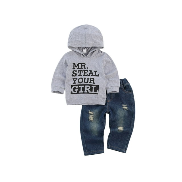 Fortune 0-3Y Baby Boy Spring Outfit Set Hooded Sweatshirt Blue Ripped Jeans