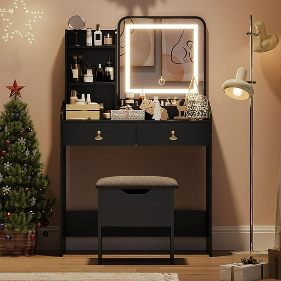 Makeup Vanity Desk with Mirror and LED Lights,Modern Vanity Table Set with 2 Drawers& Storage Stool for Women Girls