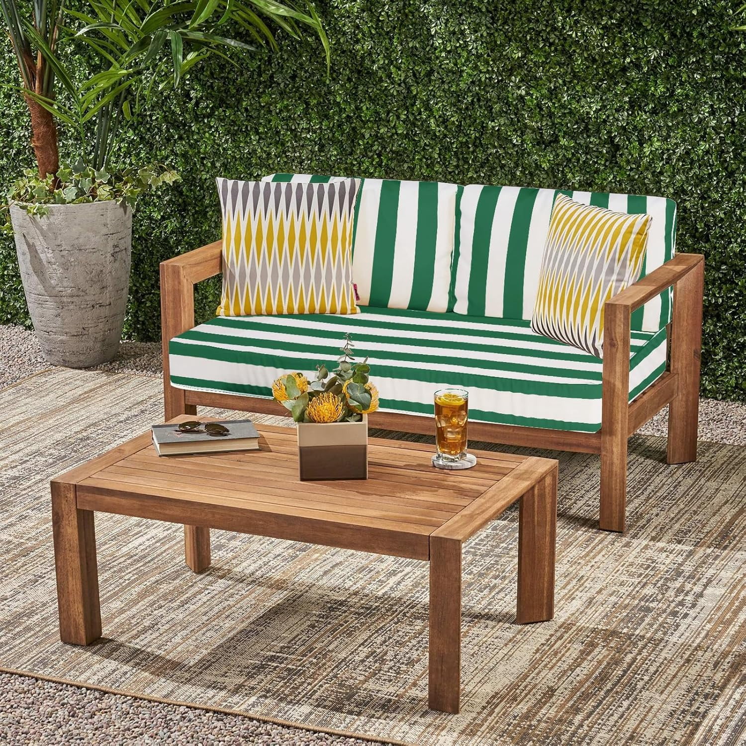 Outdoor Loveseat Cushion Set, 48 x 24 inch, Water Repellent Patio Furniture Cushions Replacement with Removable Cover(Green White Stripe)
