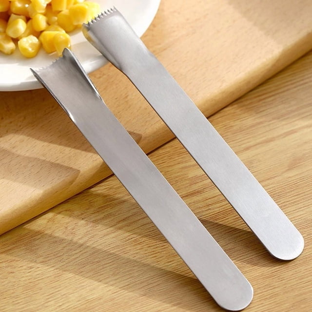 Pelador, desgranador y herramienta de trilla de maíz de acero inoxidable – Desgranador de maíz manual para cocina con hoja arqueada dentada, mango ergonómico esmerilado, acero 430 duradero.
