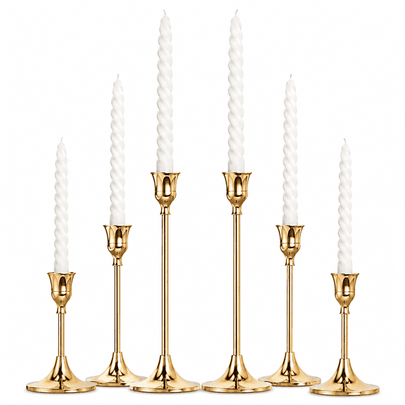 PLERISE Brass Candle Holders, Set of 6 Gold Metal Taper Candlesticks, for Table, Mantel, and Wedding Gift