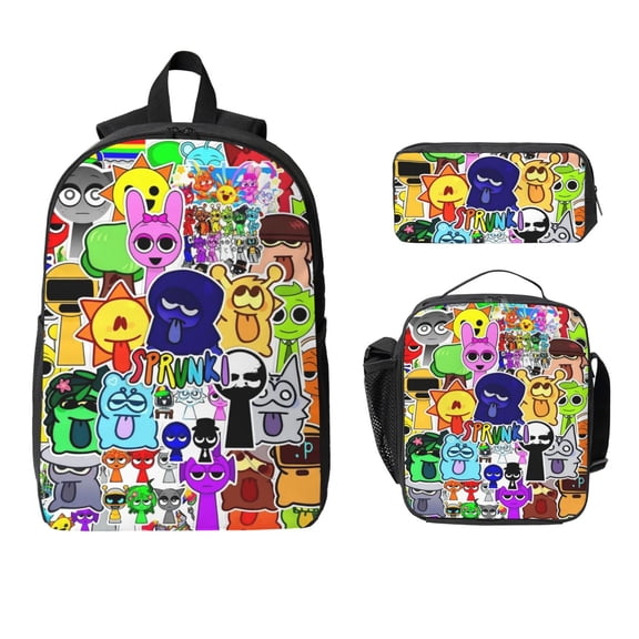 Cute 3-Piece Cartoon Backpack Set, Large Capacity 17 inch Laptop Backpack Game Cartoon Pattern Travel Daypack
