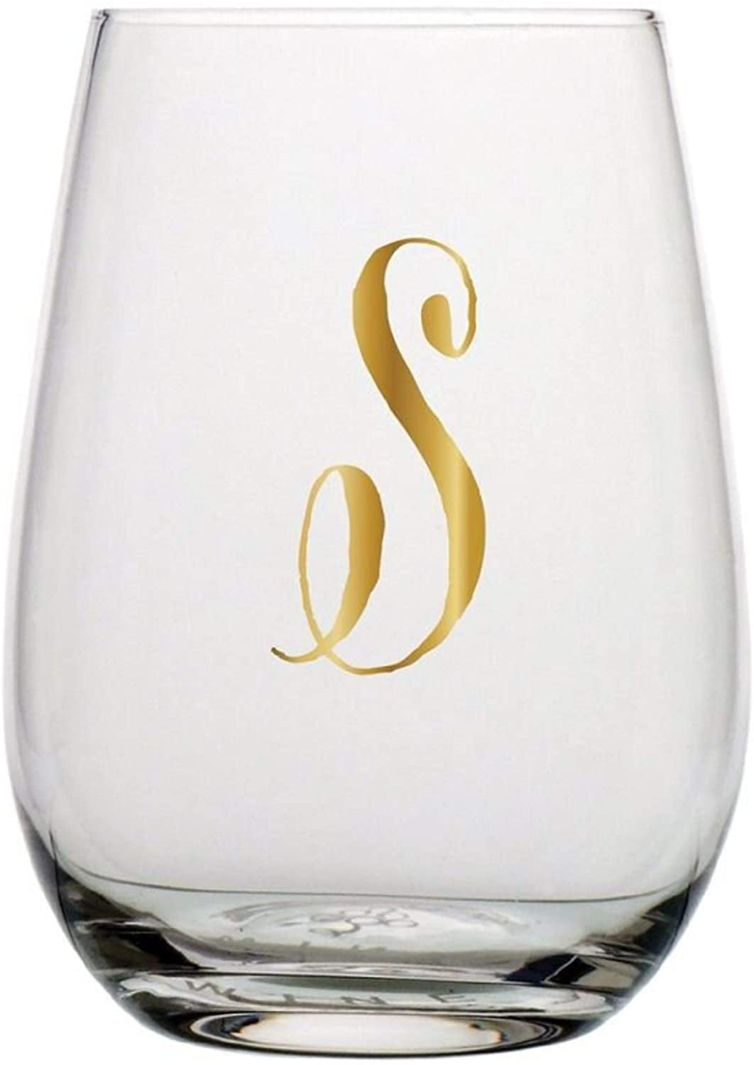 Monogrammed Stemless Wine Glass with Metallic Gold Toned Letter S, 20