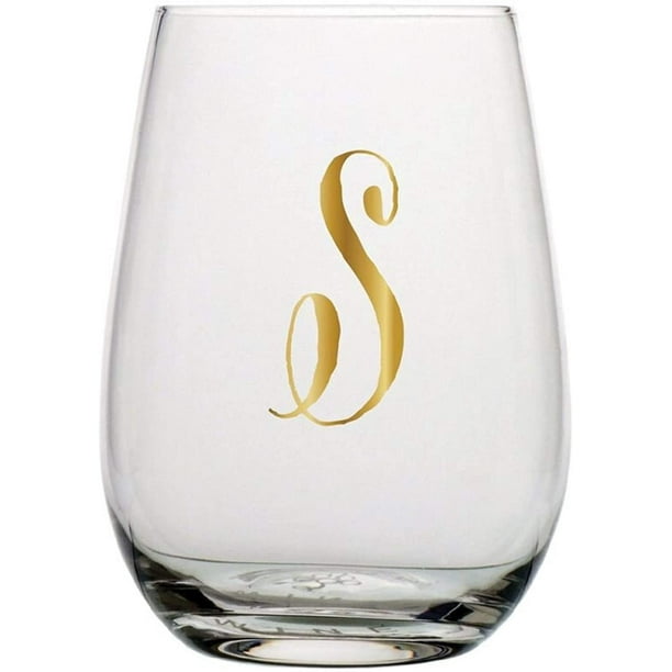 Monogrammed Stemless Wine Glass with Metallic Gold Toned Letter S, 20 Ounce