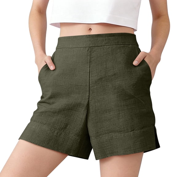 Bermuda Shorts for Women High Waisted Linen Dressy Casual Pleated Wide Leg Summer Shorts with Elastic Waist Green S