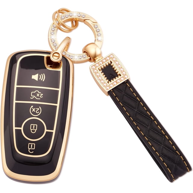 LAICAIW for Ford Key Fob Cover with Leather Key Fob Keychain, 5 Buttons Soft TPU Keys Shells Compatible with Ford Explorer Fusion Mustang F150 Edge Escape Expedition Lincoln Black Gold (BP-Frd-5)