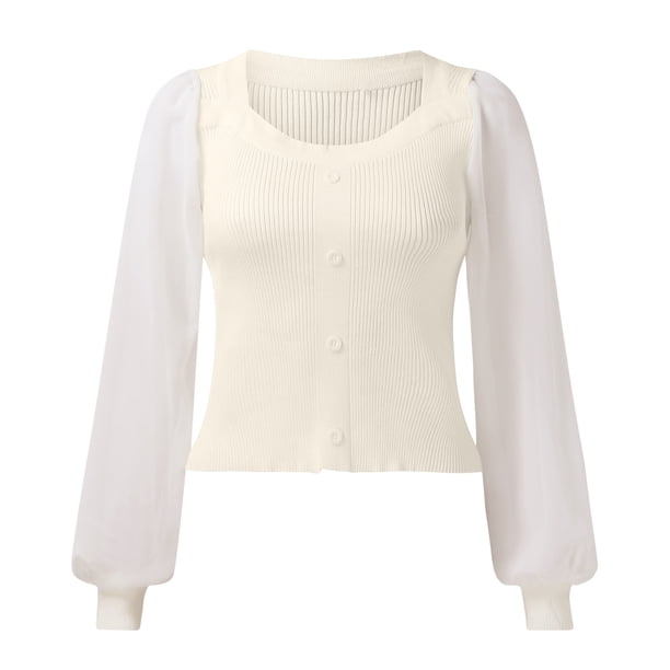 Gibobby Sueter Para Mujer Invierno Punto Camisas de manga larga de encaje para mujer Blusa de punto con cuello redondo y parte superior tipo túnica(Beige,G)