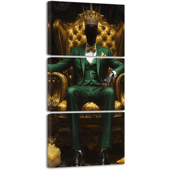 Hieng African American Canvas Wall Art 3 Pieces Black King Pictures Prints Gold Crown Artwork Afro Man Painting for Office Bedroom Decor Unframed
