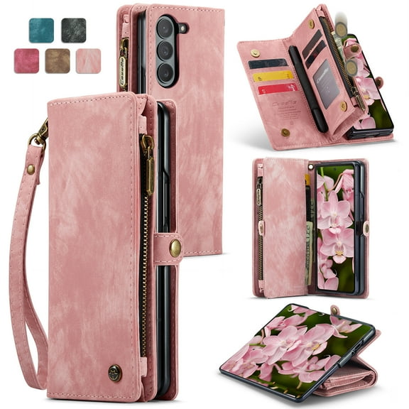 Allytech Magnetic Detachable Wallet Case for Samsung Galaxy Fold 6 with Card Slots & Zipper Pocket, Support Wireless Charging, PU Leather Wrist Strap Shockproof Full Protection Flip Case, Pink