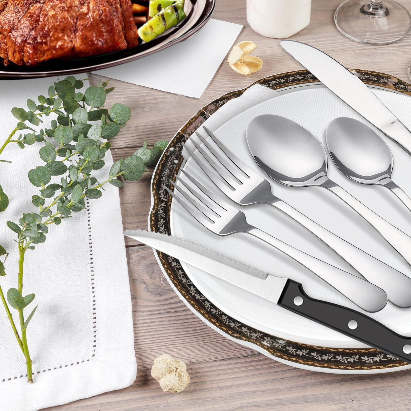 Koomade 48-Piece Stainless Steel Flatware Set for 8 with Steak Knives, Mirror Polished, Dishwasher Safe, Ideal for Home, Kitchen, Restaurant, and Hotel Use