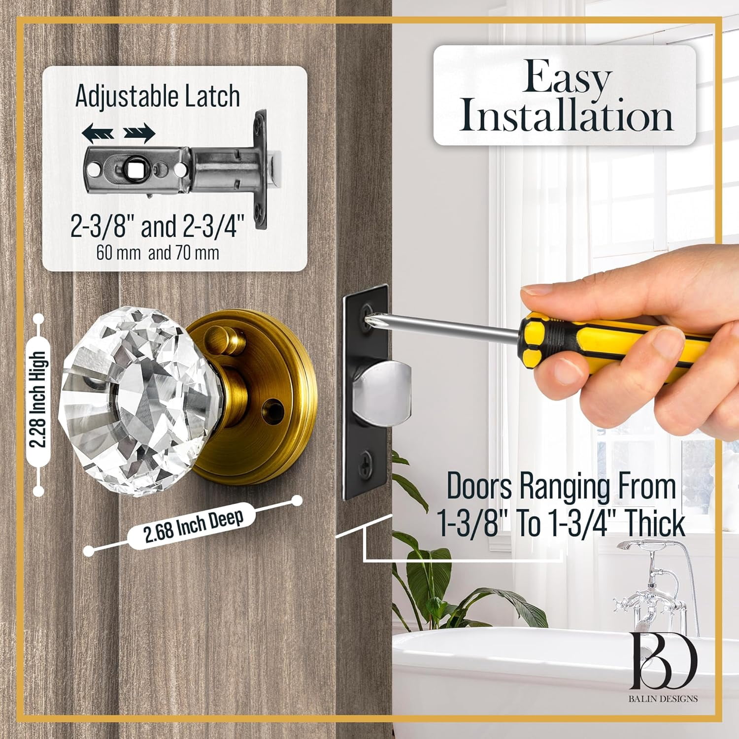 Balin Designs Crystal Doorknobs (Antique Crysta Clear) - Decorative Hardware Interior and Exterior Keyless Privacy Door Lock for Bathroom, Bedroom, or Other Doors, Antique Brass Gold Bronze (1 Pack)