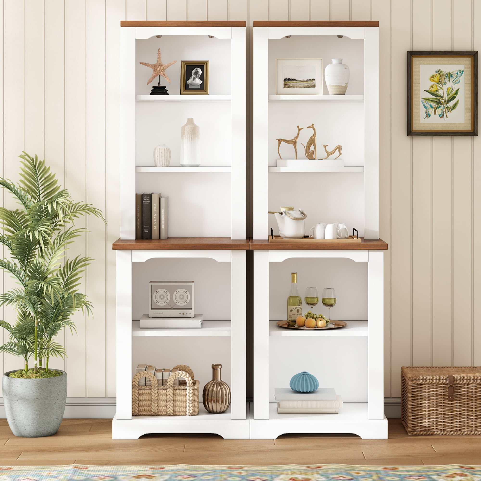 Mintazer 2-Piece Farmhouse Open Bookcase Set, 66"H Freestanding Display Storage Cabinets with Curved Trim for Living Room Bedroom, White & Walnut