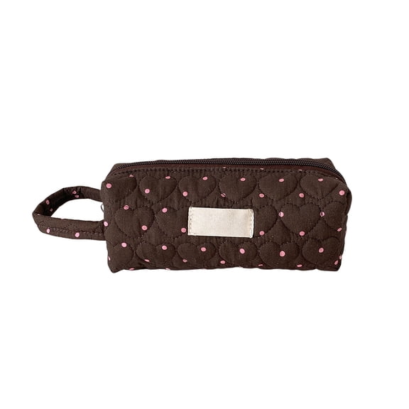 Quilted Heart Polka Dot Pencil Pouch Soft Fabric Wristlet Storage Bag Single Compartment Holds 30 Pens for Office Desk Travel Cosmetic Organizer
