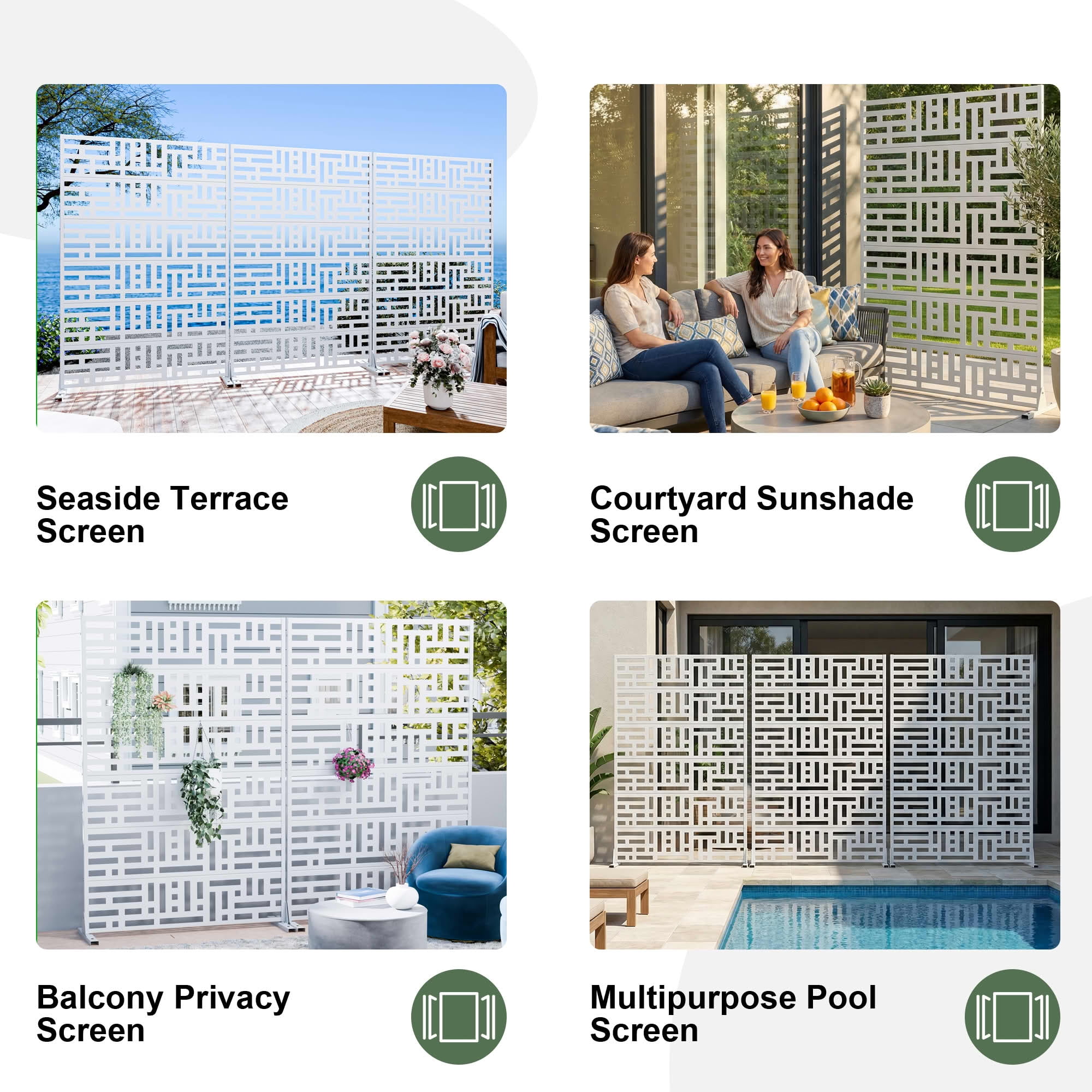 MAYEERTY 72"x47" Outdoor Privacy Screen, 6-Panel White Street Pattern Galvanized Steel Screen, Decorative Cutout Fence for Patio Yard
