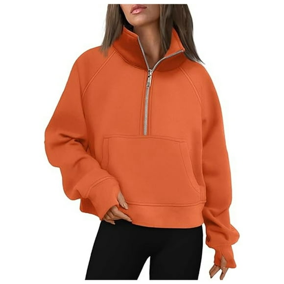 Huaizzzy Mode Femme Décontractée Demi-Fermeture Éclair Courte Col Montant Plus Couleur Unie Chandail à Capuchon Leggings Chandail Femme Chandail à Capuchon Femme Fermeture Éclair Complète Veste à Carreaux Zippée pour Dames Grand Haut Chemises Ouvertes à l'Avant Femme
