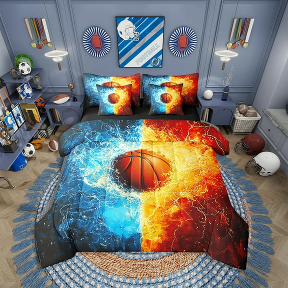 Erosebridal Basketball Comforter Set With Sheets7 piece Gaming Sports Bed in a Bag Ball Games Bedding Set Twin Size Gift for Basketball Lover Blue Bed Set with Comforter,Sheets