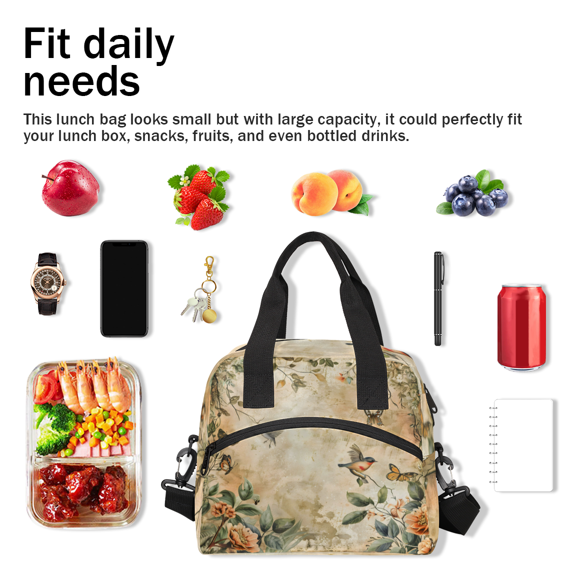 Herdesigns Vintage Birds Flower Insulated Lunch Bag for Women Men Adults Large Reusable Lunch Box Leakproof Portable Cooler Tote Bags with Adjustable Shoulder Strap