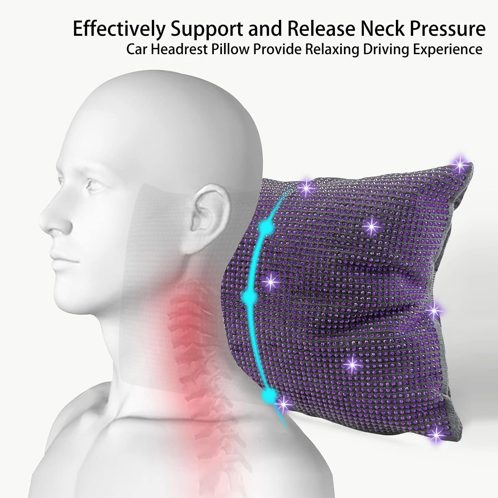 Chasenew 2 PCS Bling Bowknot Car Headrest Pillow, Rhinestone Car Neck Pillows for Driving, Bling Interior Accessories for Women Comfortable Neck Support Pillow(Purple)